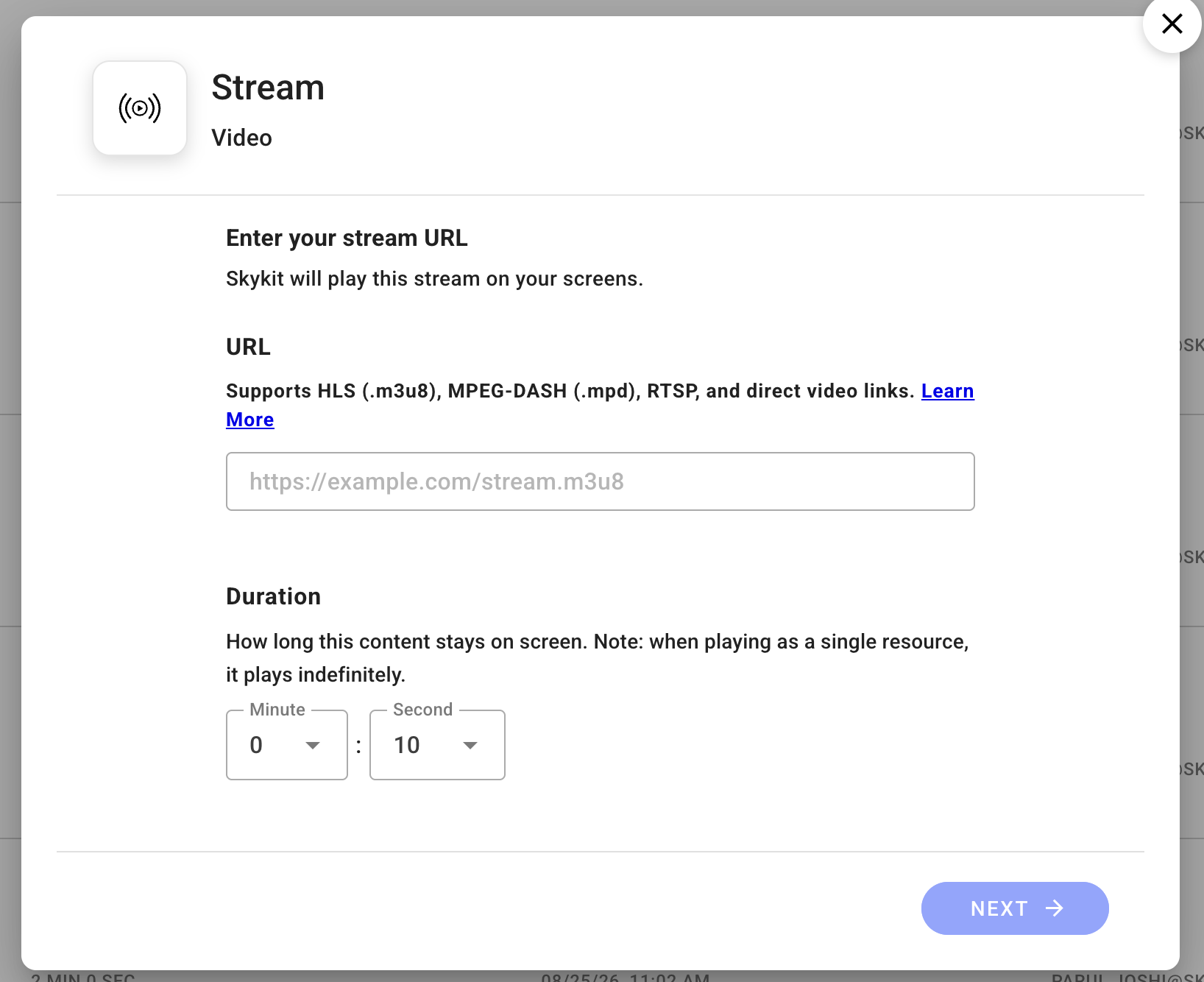 Input fields for streaming URL and duration settings in a video streaming interface.